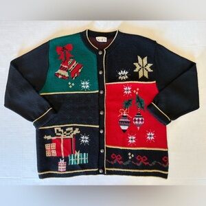 VTG Cricket Lane black green & red Holiday Christmas cardigan sweater size XL